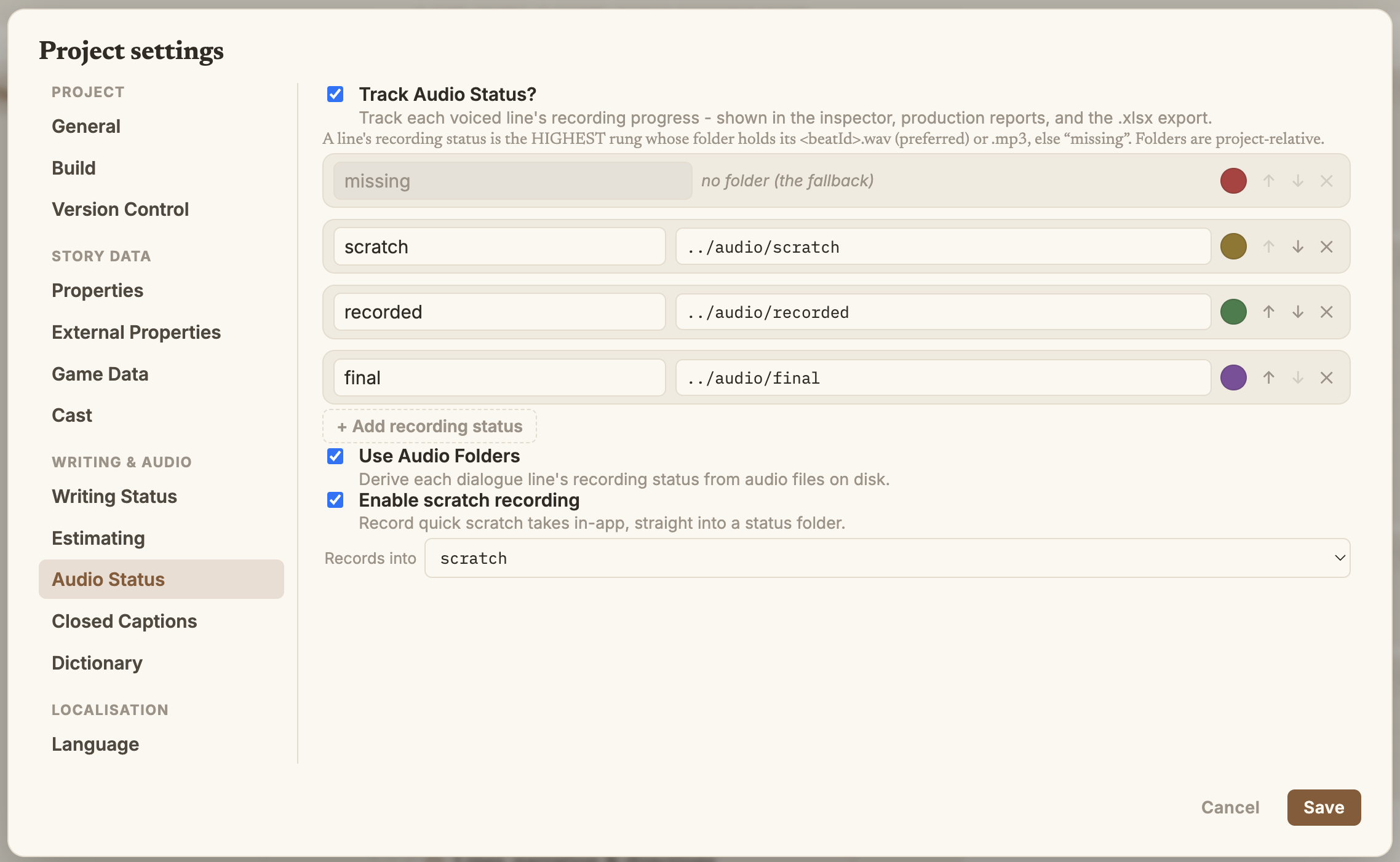 The Project settings dialog: a grouped tab list on the left (Project, Story data, Writing and audio, Localisation) with the Audio Status tab open, showing a Track Audio Status switch, a ladder of recording-status folders, and Use Audio Folders and scratch-recording options.