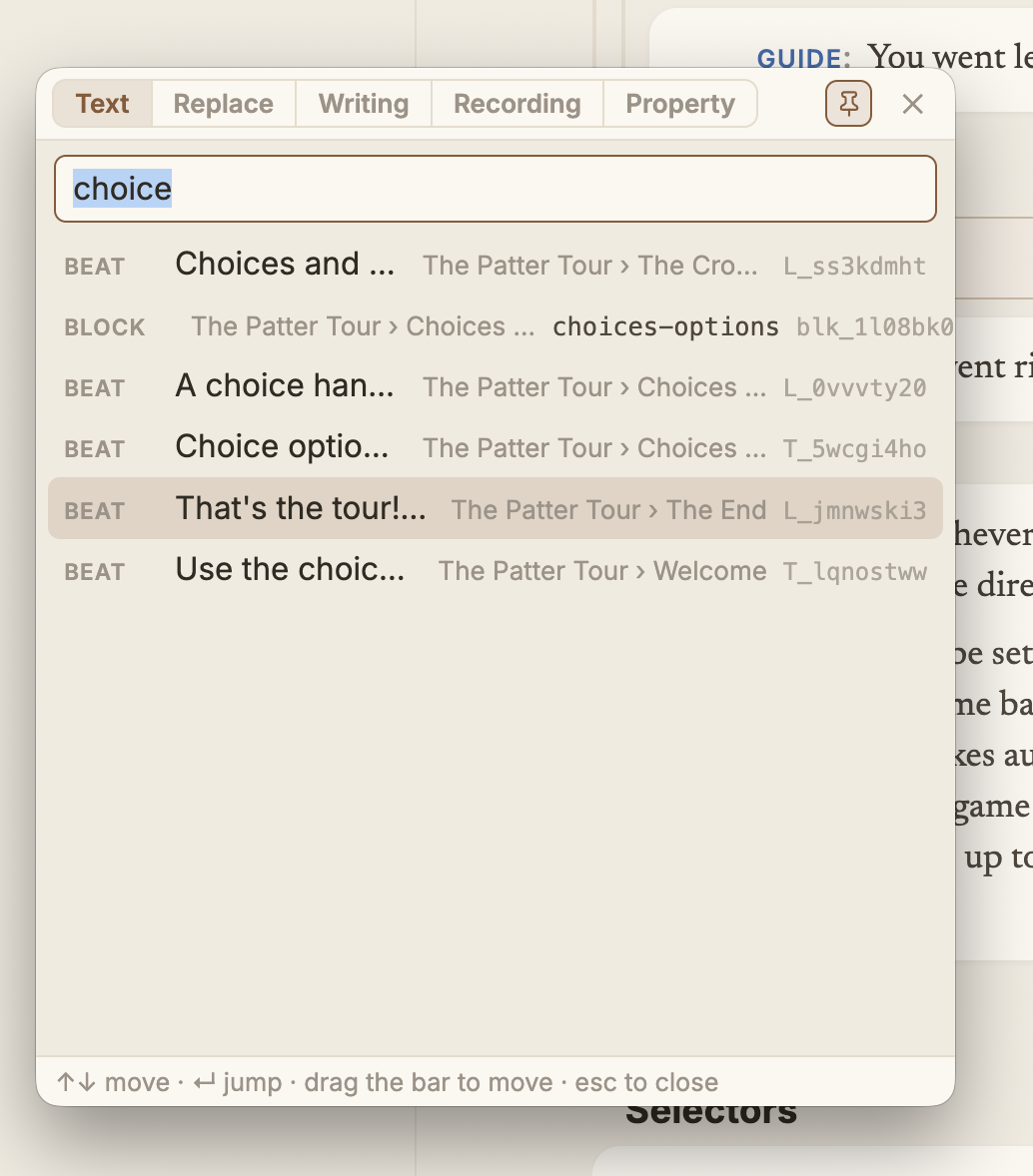 The floating search window over a dimmed editor: tabs for Text, Replace, Writing, Recording, Property and Tags, a query box holding choice, and a ranked list of BEAT and BLOCK results each showing its scene path and internal id.