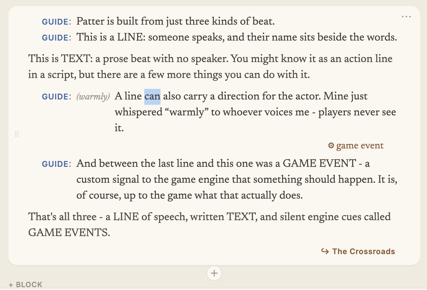 A snippet showing the three beat kinds: dialogue lines with a coloured GUIDE cue, a speaker-less prose line, a line carrying a (warmly) direction, and a game-event chip, with a jump to The Crossroads at the foot.