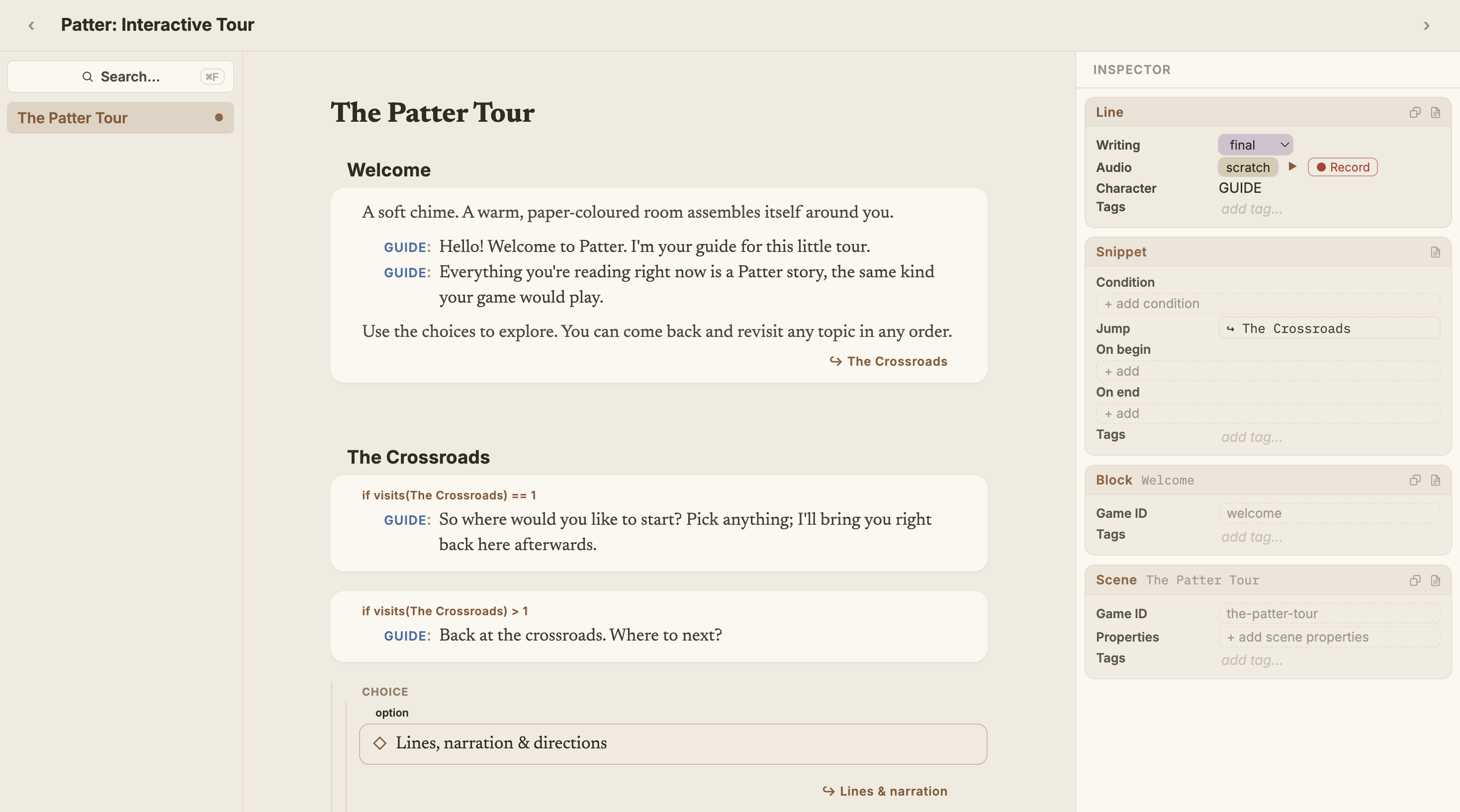 Patterpad editor showing a screenplay-style script with an inspector panel